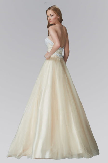 Strapless Sweetheart A-Line Tulle Long Dress with Bead and Pearl Embellished Bodice