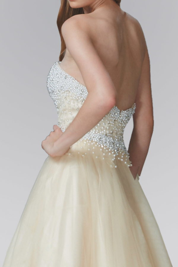 Strapless Sweetheart A-Line Tulle Long Dress with Bead and Pearl Embellished Bodice