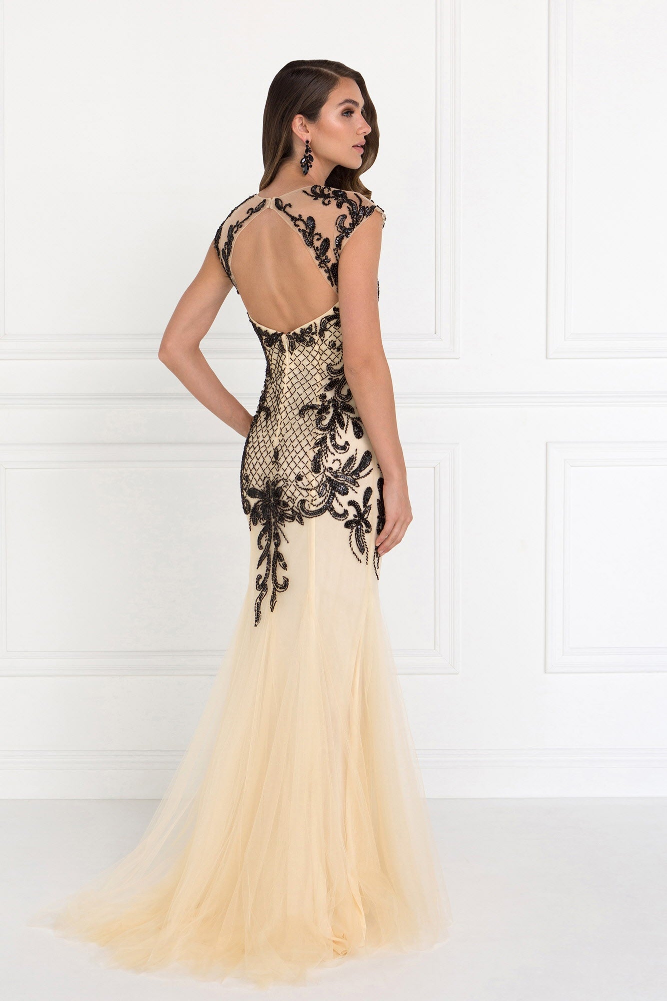 Open Back V-Neck Floor Length Dress with Bead Detailing