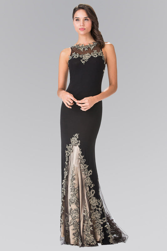 Long High Neck Dress Accented with Embroidery