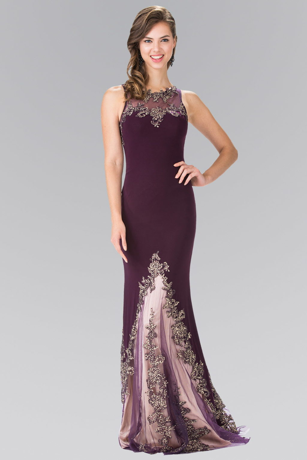 Long High Neck Dress Accented with Embroidery