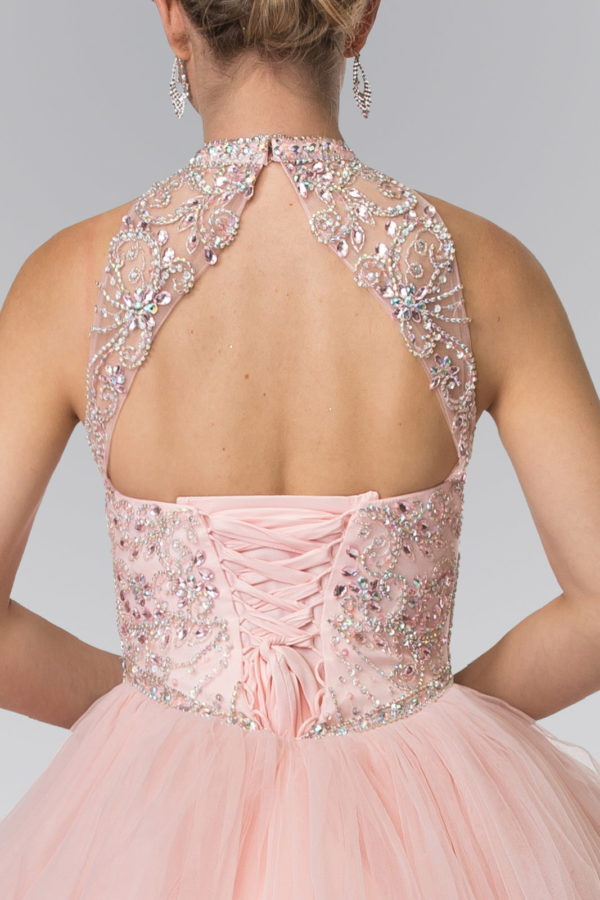 Mesh High Neck Quinceanera Dress with Beaded Bodice and Corset Back