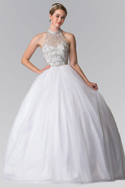 Mesh High Neck Quinceanera Dress with Beaded Bodice and Corset Back