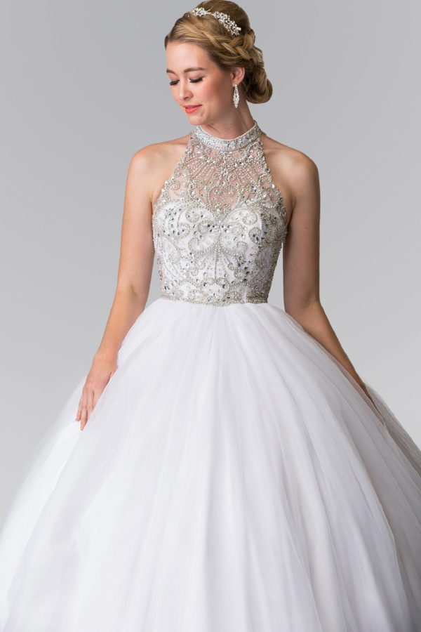 Mesh High Neck Quinceanera Dress with Beaded Bodice and Corset Back