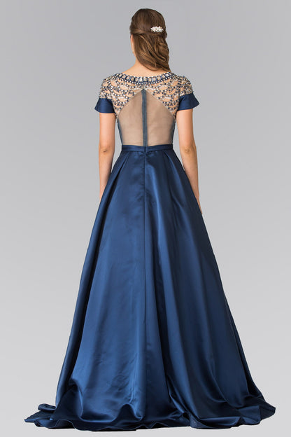 Beads Embellished Mikado Long Dress with Sheer Back