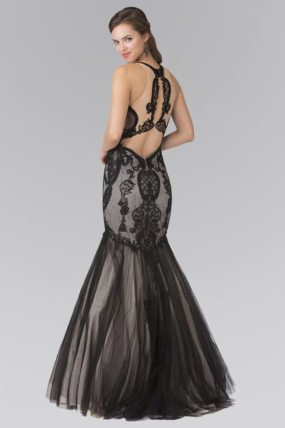 Halter Neck Long Mermaid Prom Dress with Lace Applique and Sheer Lace Back