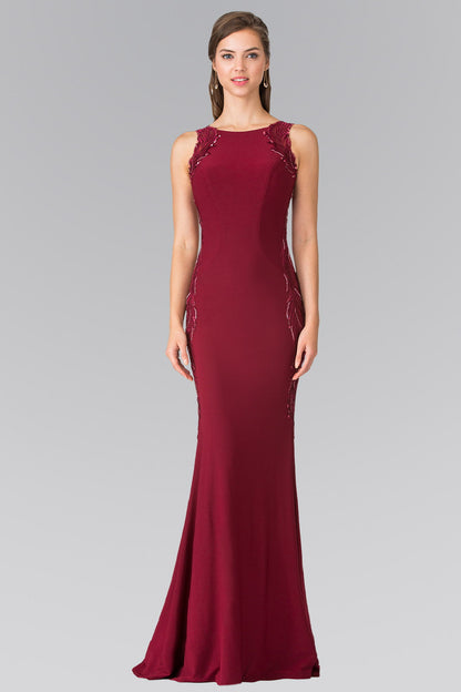 Open-Back Jersey Long Dress Accented with Side Embroidery