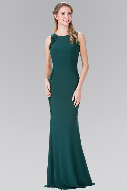 Open-Back Jersey Long Dress Accented with Side Embroidery