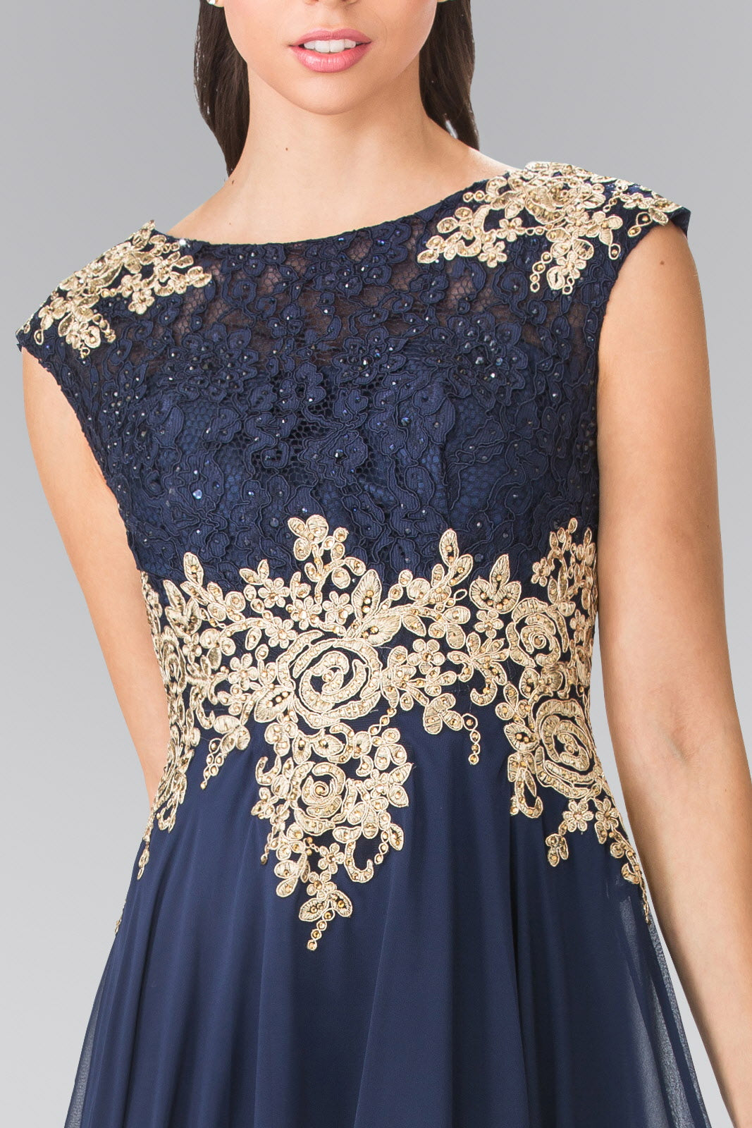 Embroidered Lace Top with Chiffon Skirt Long Dress with Sheer Back