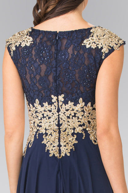 Embroidered Lace Top with Chiffon Skirt Long Dress with Sheer Back