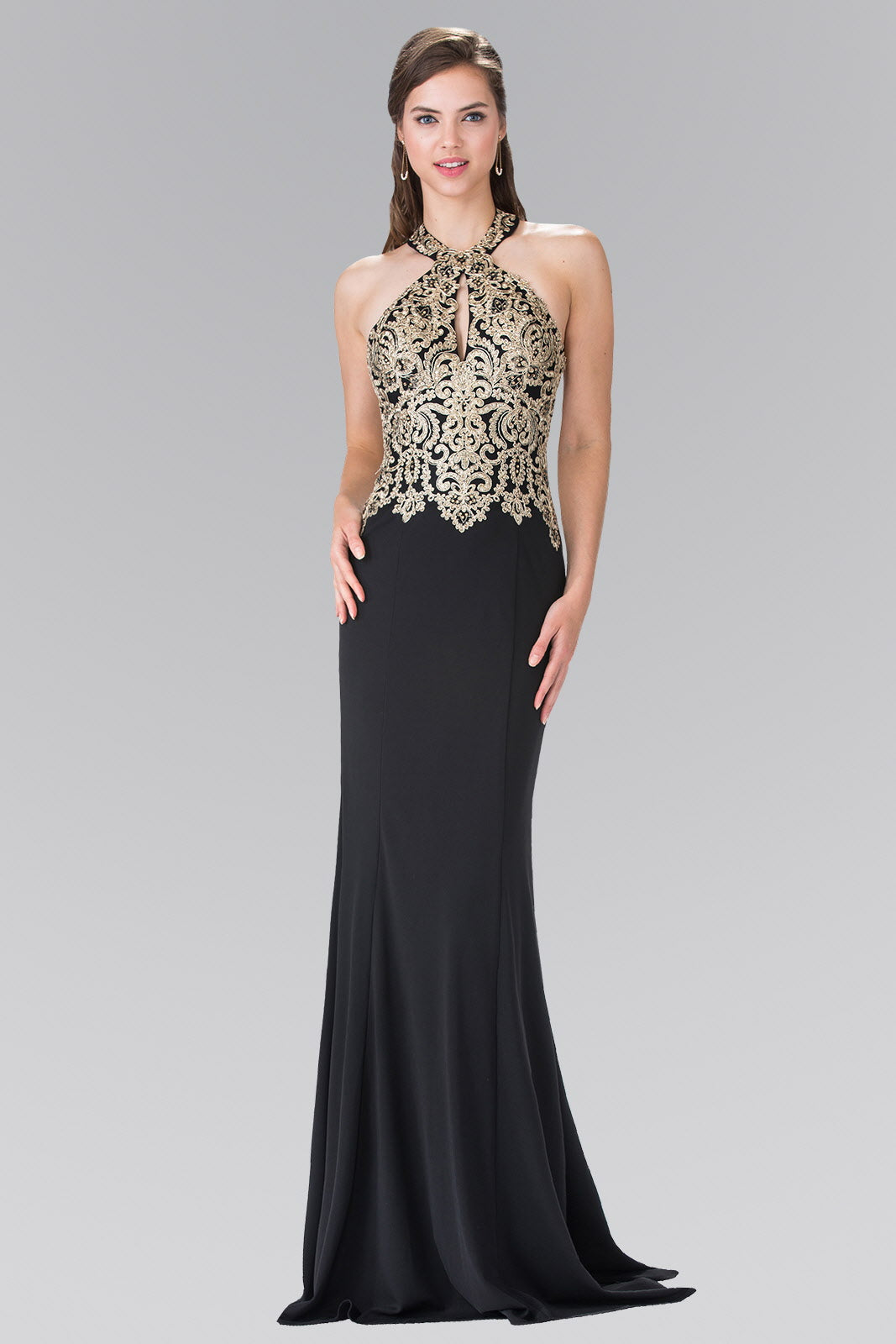 Embroidered Neck Halter Jersey Long Dress with Open Back