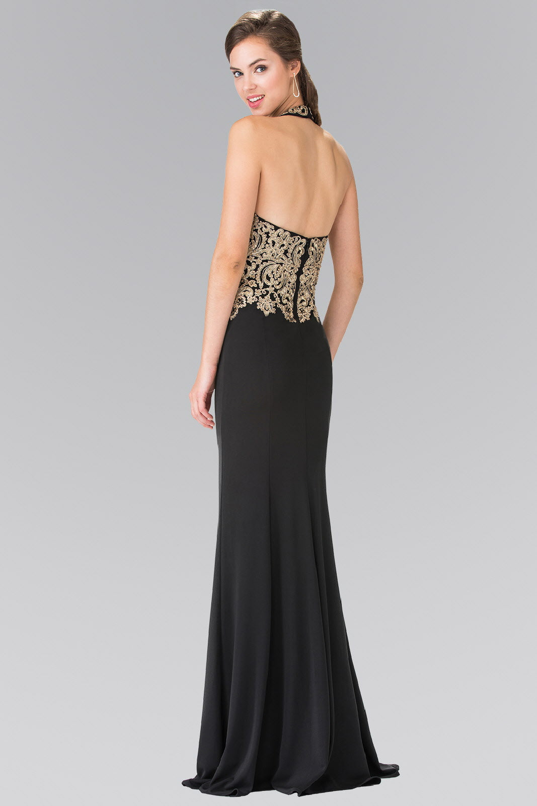 Embroidered Neck Halter Jersey Long Dress with Open Back