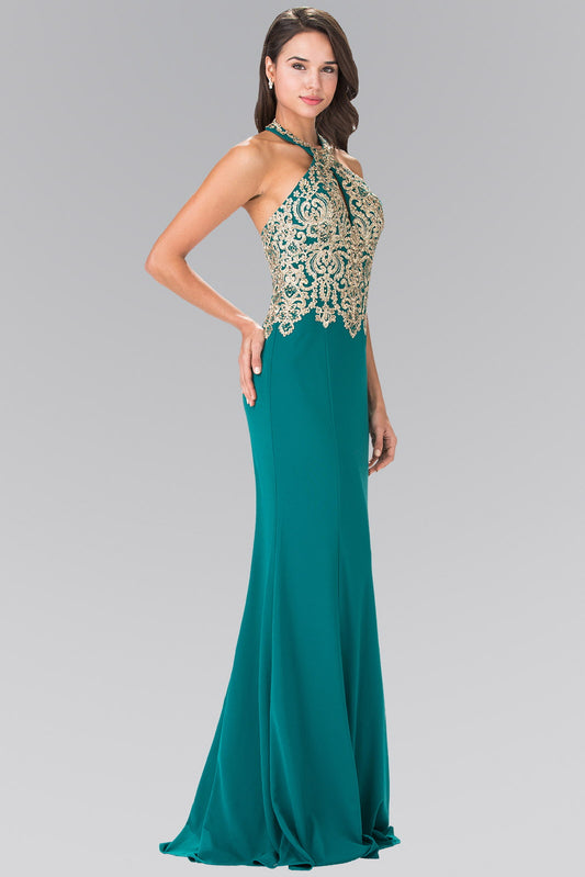 Embroidered Neck Halter Jersey Long Dress with Open Back