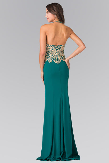 Embroidered Neck Halter Jersey Long Dress with Open Back