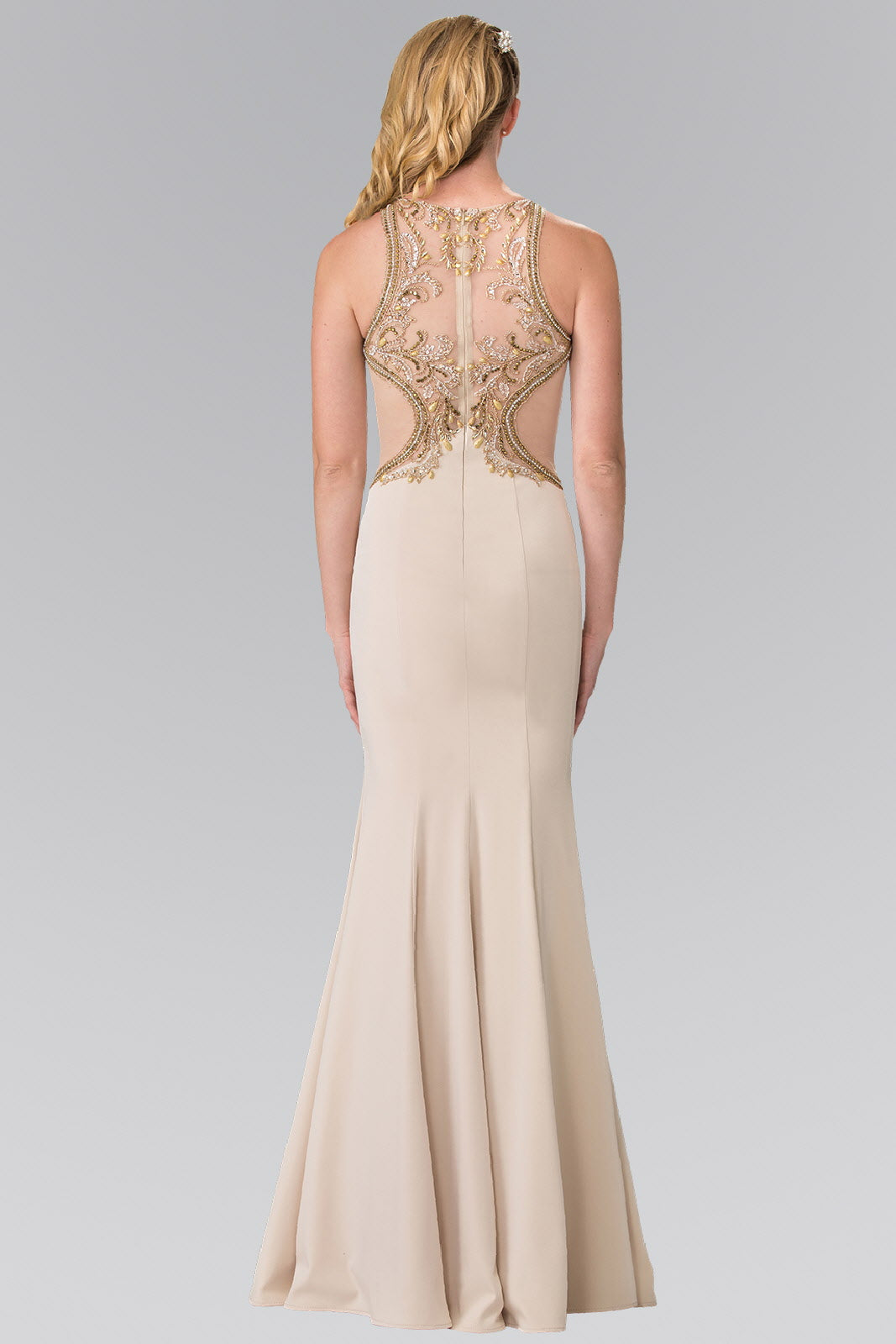 Beads Embellished Jersey Long Dress with Sheer Back