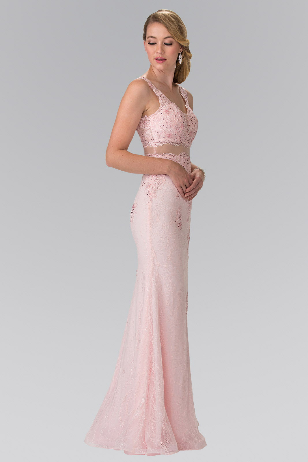 Mock Two-Piece V-Neck Embroidered Lace Long Dress