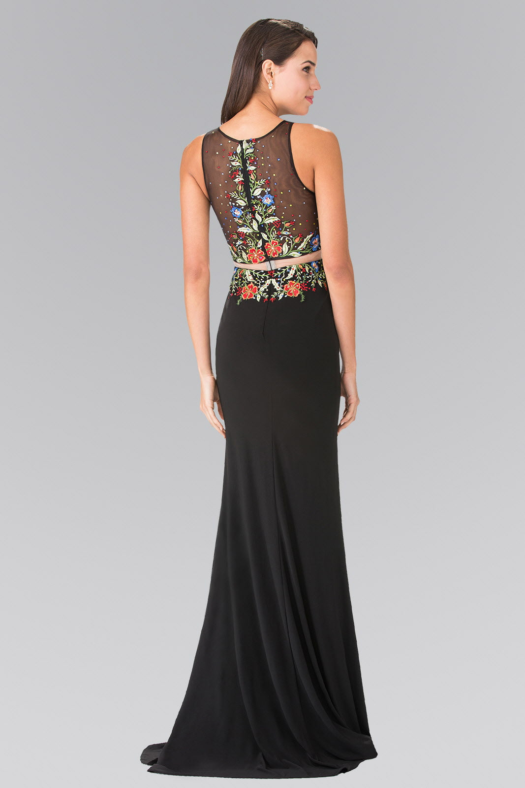 Mock Two-Piece Jersey Long Dress with Floral Embroidery Details