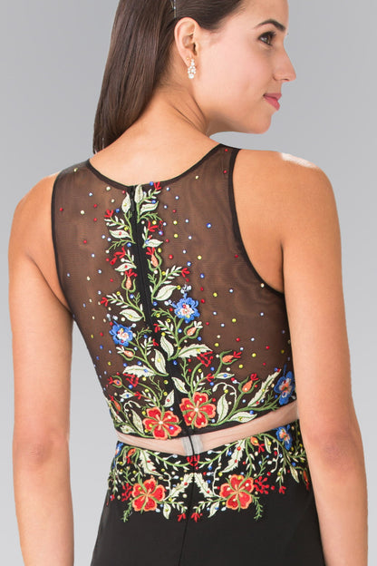 Mock Two-Piece Jersey Long Dress with Floral Embroidery Details