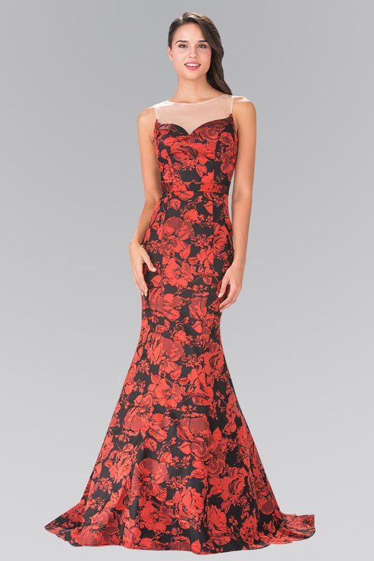 Illusion Sweethearted Flower Print Long Dress with Sheer Back