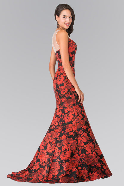 Illusion Sweethearted Flower Print Long Dress with Sheer Back