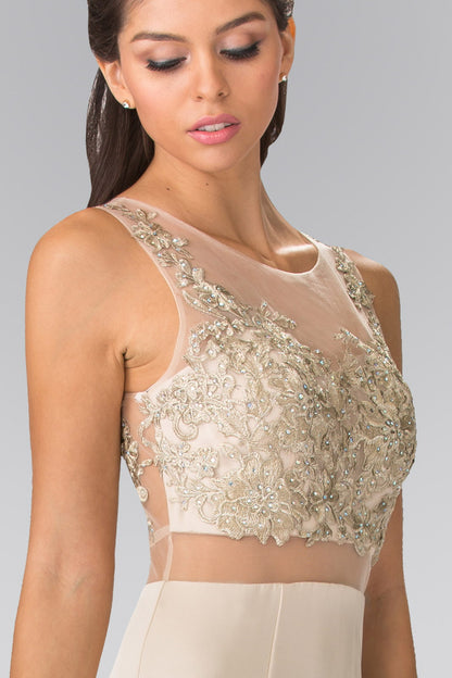 Mock Two-Piece Embroidered Prom Dress with Illusion Waistline