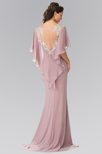 Sleeveless Jersey Long Dress with Attached Cape that Drapes Down the Back