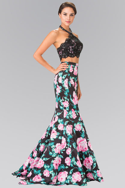 Halter-Neck Two-Piece Floral Print Long Dress