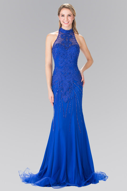 Halter-Neck Beads Embellished Bodice Tulle Long Dress