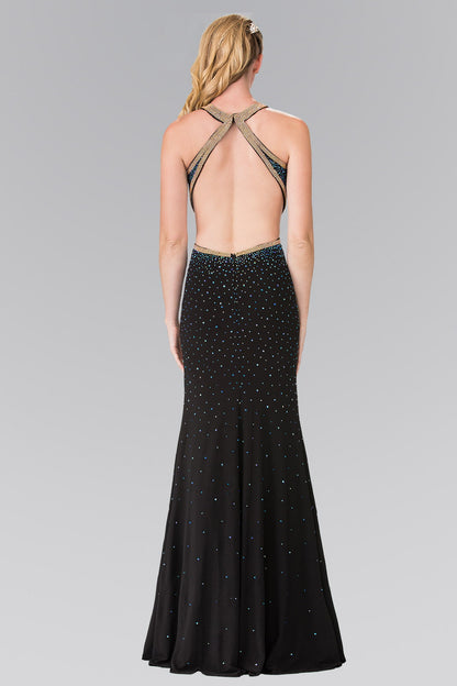 Beaded High-Neck Long Dress Accented with Slit