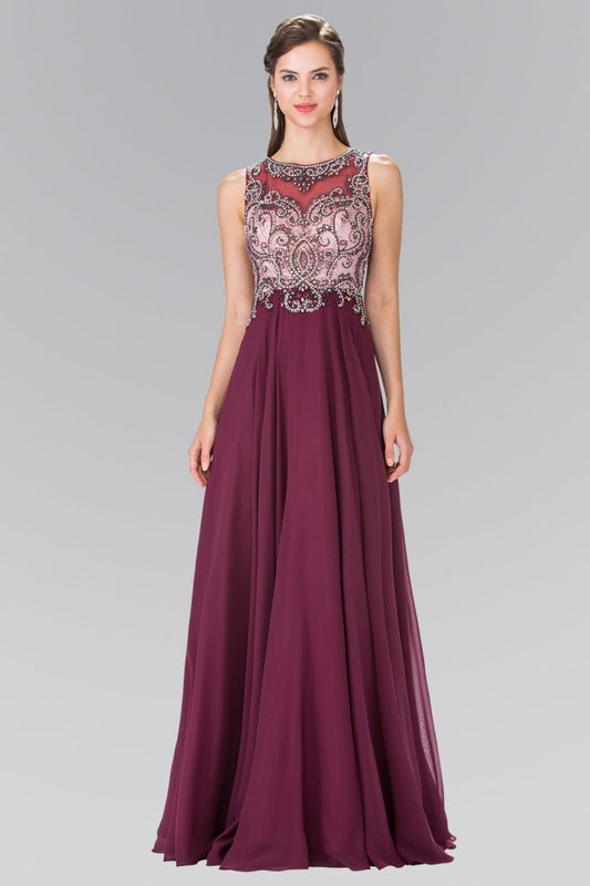 Beaded Top Chiffon Long Dress with Open Back