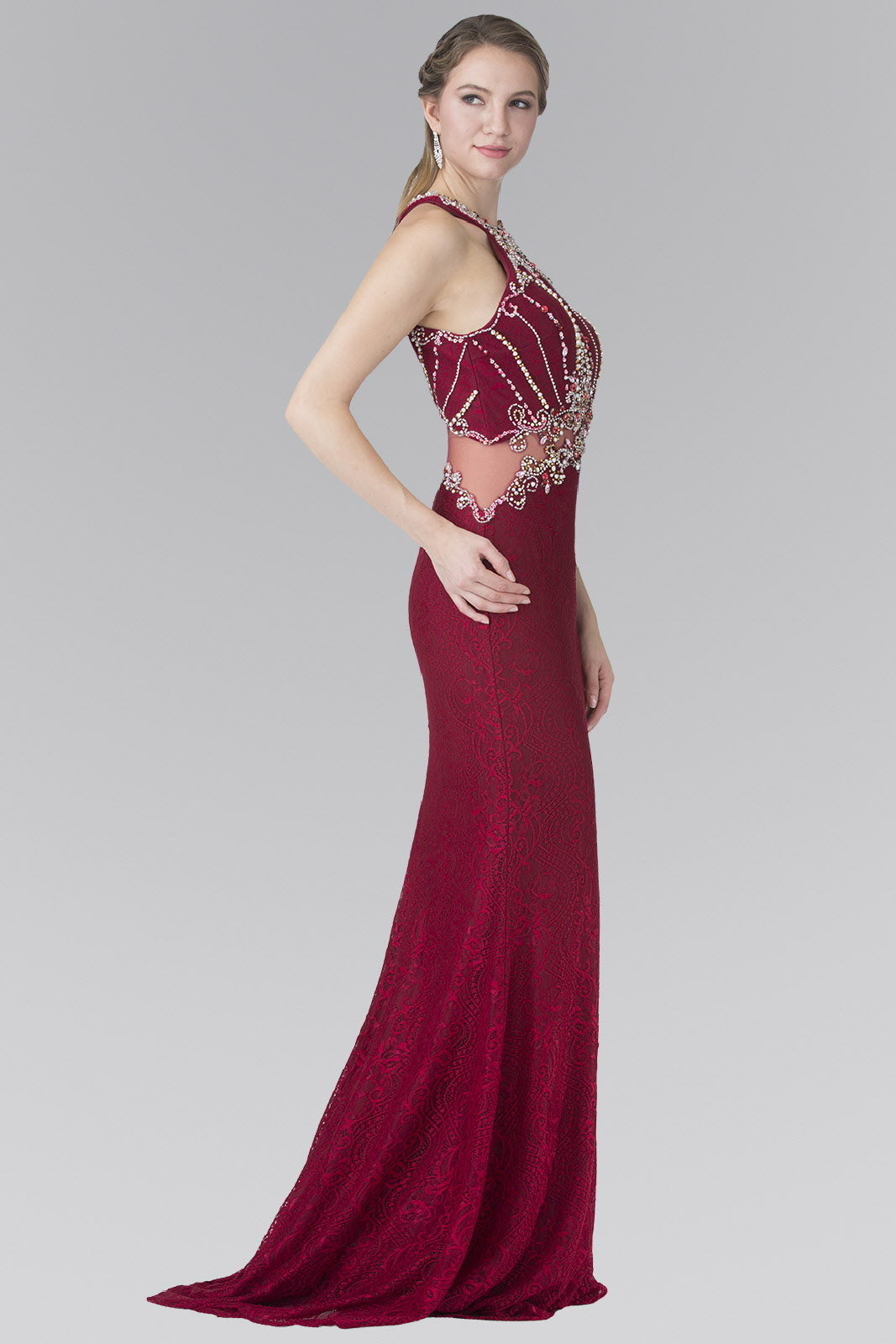 Halter-Neck Lace Long Dress with Illusion Waistline