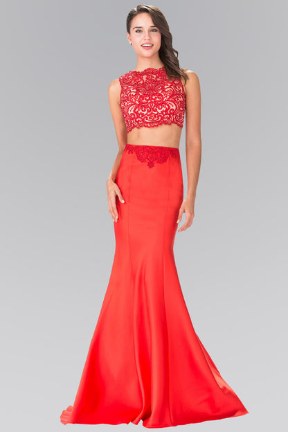 Two-Piece Prom Dress with Lace Top and Satin Skirt