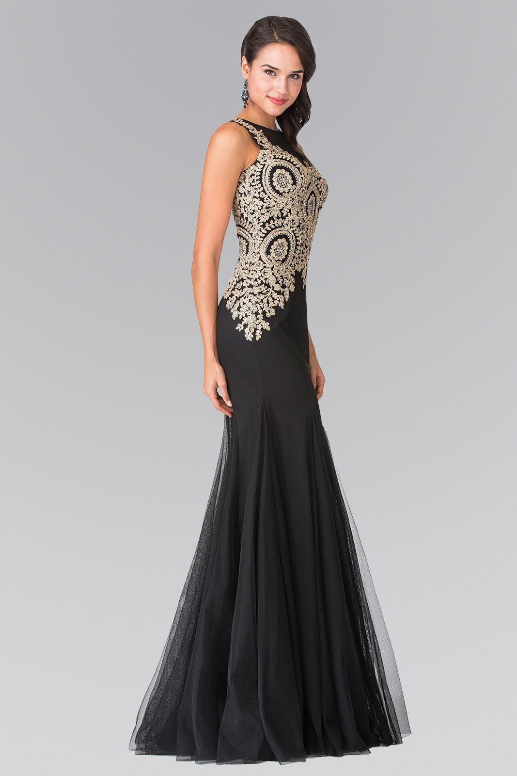 Embroidered Bodice Long Dress with Sheer Back