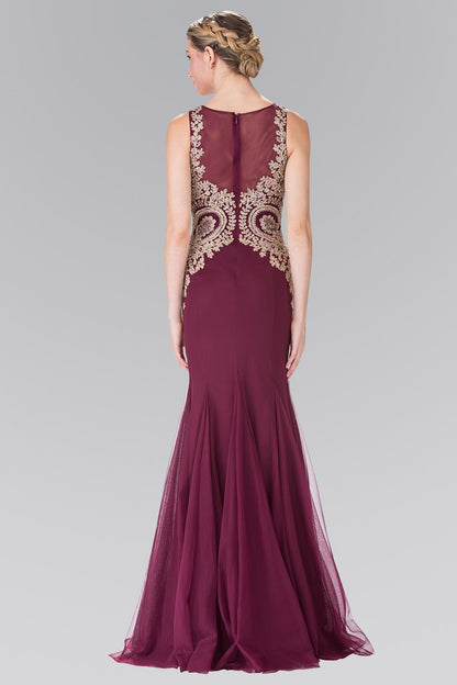 Embroidered Bodice Long Dress with Sheer Back