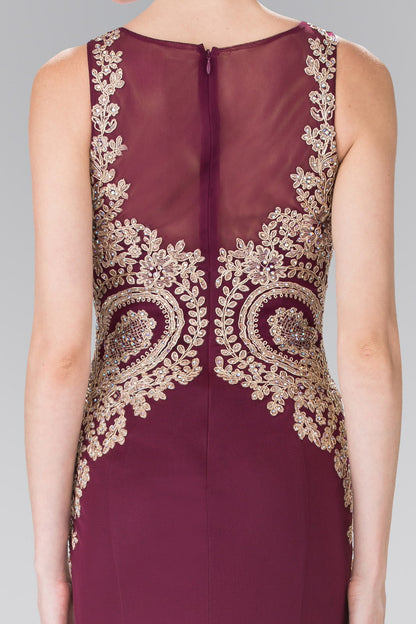 Embroidered Bodice Long Dress with Sheer Back