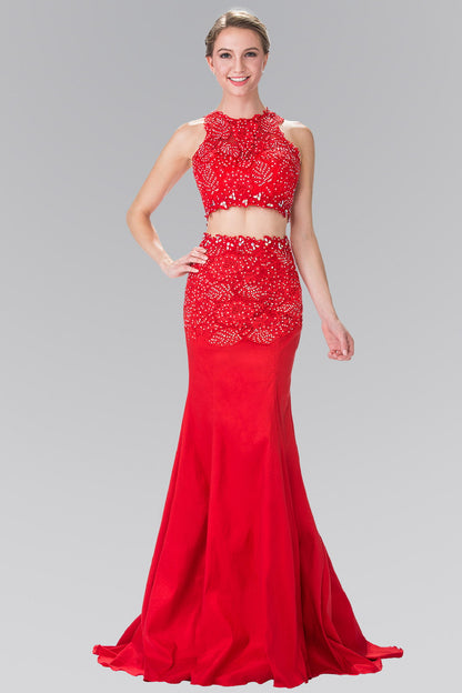 Two-Piece Taffeta Long Dress with Lace and Jewels