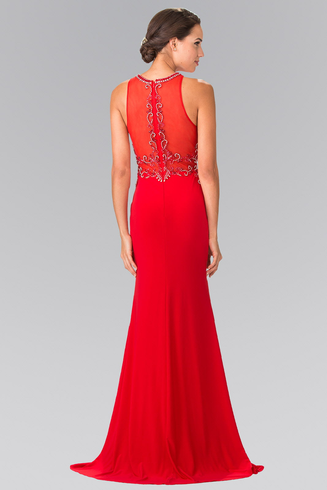 Beads Embellished Jersey Long Dress with Sheer Back