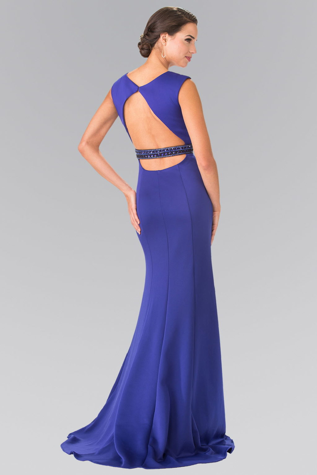 Beaded Waist Line Jersey Long Dress with Cut-Out Back