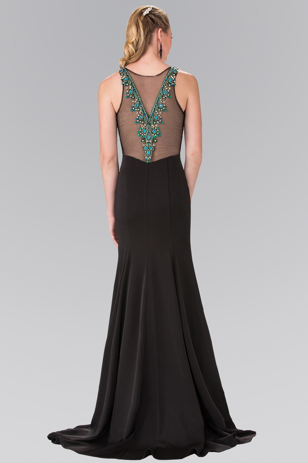 Illusion V-Neck Beaded Top Long Dress with Sheer Back