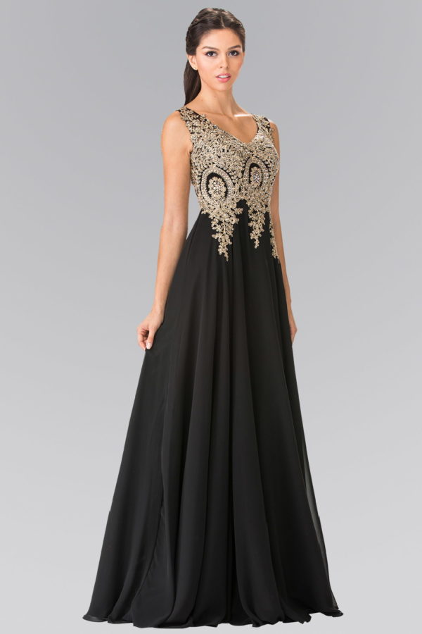 V-Neck Embroidered Chiffon Long Dress