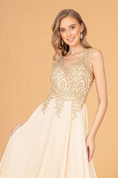 V-Neck Embroidered Chiffon Long Dress