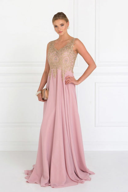 V-Neck Embroidered Chiffon Long Dress