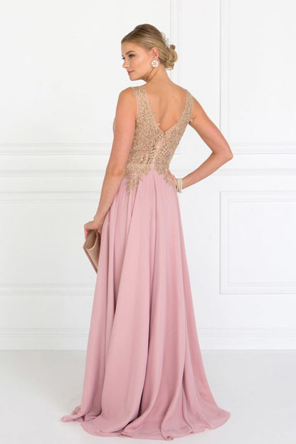 V-Neck Embroidered Chiffon Long Dress