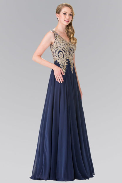 V-Neck Embroidered Chiffon Long Dress