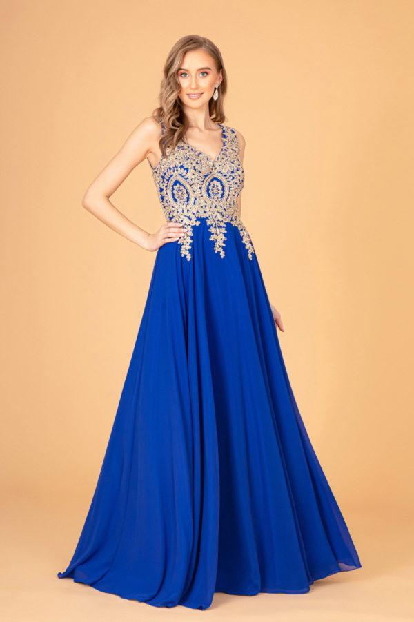 V-Neck Embroidered Chiffon Long Dress