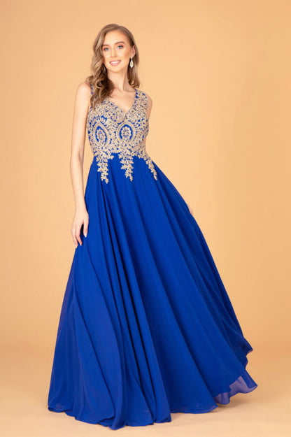 V-Neck Embroidered Chiffon Long Dress