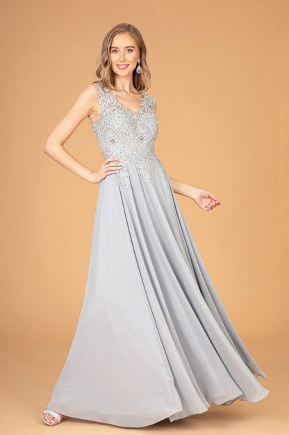 V-Neck Embroidered Chiffon Long Dress