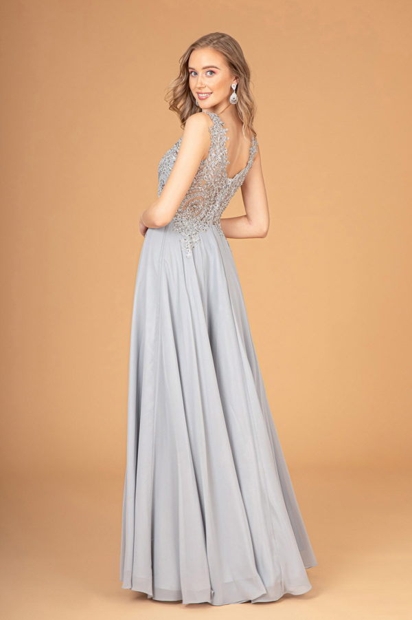 V-Neck Embroidered Chiffon Long Dress