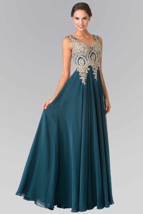 V-Neck Embroidered Chiffon Long Dress