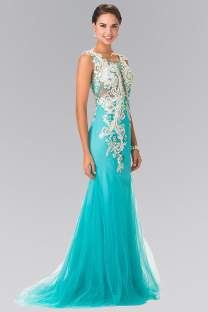 Embroidery Jersey Mermaid Long Dress with Sheer Back